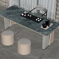 Elegant Tea Table with Marble Top Tea Set Gray Chairs Gold Armrests Beige Stools 3d model