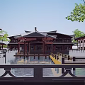 Traditional Chinese Architectural Complex With Pavilion Pond Wooden Corridors And Stone Railings