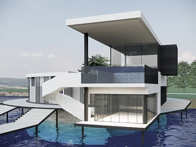 Modern Single Family Villa Over Water With White Exterior And Large Glass Windows 3d model