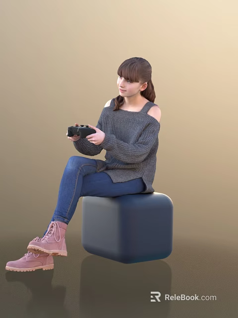 Child Sitting On Blue Cube Holding Game Controller Wearing Gray Off Shoulder Sweater Blue Jeans 3d model 