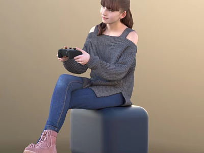Child Sitting On Blue Cube Holding Game Controller Wearing Gray Off Shoulder Sweater Blue Jeans 3d model