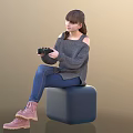 Child Sitting On Blue Cube Holding Game Controller Wearing Gray Off Shoulder Sweater Blue Jeans 3d model