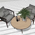 Woven Rattan Leisure Chairs With Wooden Frame Gray Cushions Round Coffee Table And Decorative Plants