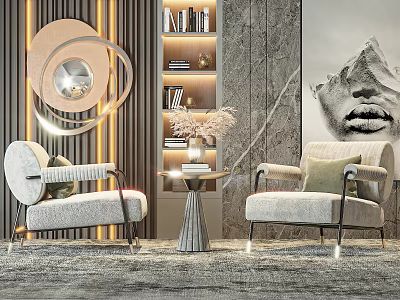 Elegant Modern Leisure Chairs Interior Design With Side Table Bookshelf And Decorative Wall Art 3d model