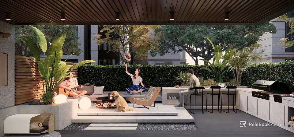 Modern Outdoor Garden With Wooden Pergola Green Plants Sofa And People Relaxing 3d model 
