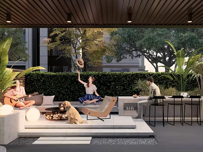 Modern Outdoor Garden With Wooden Pergola Green Plants Sofa And People Relaxing 3d model