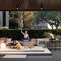Modern Outdoor Garden With Wooden Pergola Green Plants Sofa And People Relaxing
