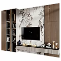 Elegant TV Backdrop Design With Marble Wall Wooden Cabinets And Decorative Vases