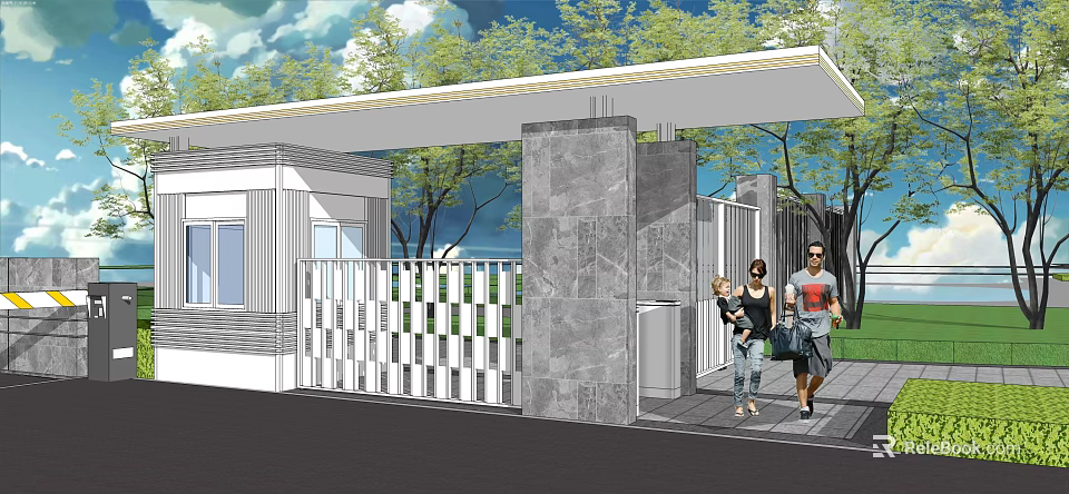 Residential Entrance Gate With Stone Pillars White Fence Canopy Roof And Family Walking Through Trees 3d model 