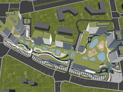 Modern Urban Planning Layout With Green Spaces Buildings Roads And Water Features 3d model