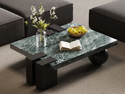 Green Marble Coffee Table with Black Legs Vase White Flowers Fruit Bowl and Open Book 3d model