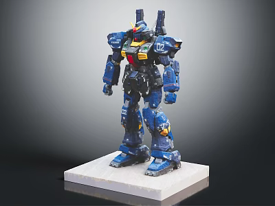 Blue Mecha Robot Figure Standing On White Base With Yellow Red Details 3d model