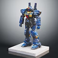 Blue Mecha Robot Figure Standing On White Base With Yellow Red Details