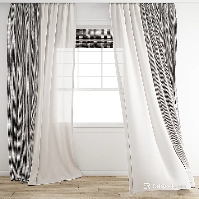 Gray And White Striped Curtains With Sheer Panels For Window Decoration 3d model 