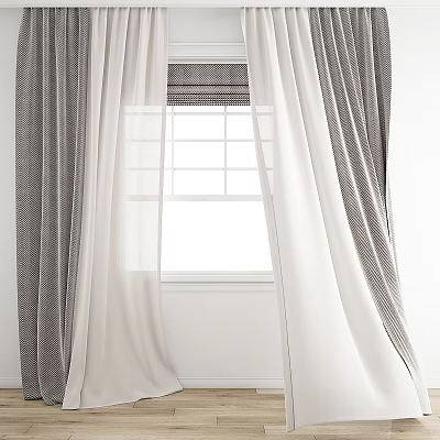 Gray And White Striped Curtains With Sheer Panels For Window Decoration 3d model