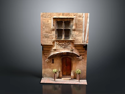 Ancient Stone Building With Wooden Door Decorative Carvings Potted Plants And Traditional Windows 3d model