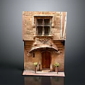 Ancient Stone Building With Wooden Door Decorative Carvings Potted Plants And Traditional Windows