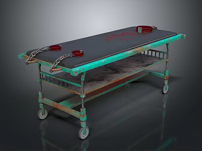 Rusted Green Frame Cart with Black Countertop Red Straps Chains and Wheels 3d model