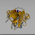 Yellow Mechanical Robot Creature With Circular Propellers Red Blue Lights Antenna And Complex Metallic Structure 3d model