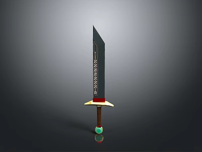 Traditional Decorative Sword With Black Blade Intricate Patterns Yellow Hilt And Green Orb 3d model