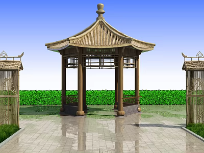 Traditional Chinese Pavilion With Wooden Structure Hexagonal Roof Greenery Stone Path And Symmetric Gateways 3d model