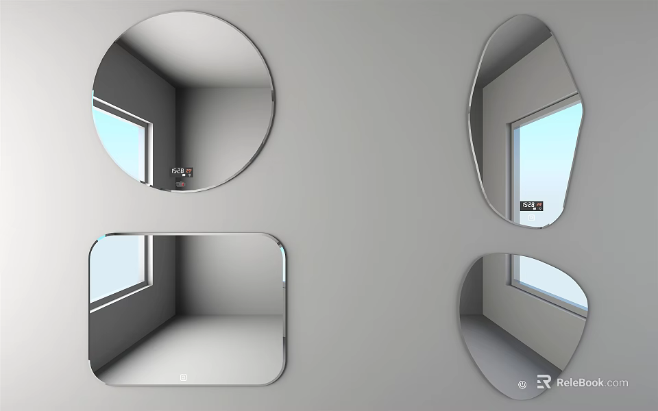 Various Shaped Mirrors Hanging On Wall Reflecting Window And Room Interior 3d model 