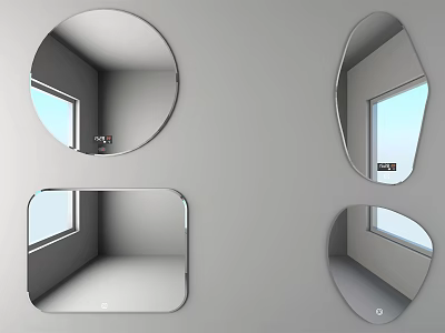 Various Shaped Mirrors Hanging On Wall Reflecting Window And Room Interior 3d model