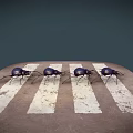 Four Dark Colored Beetles Walking On A Weathered Zebra Crossing Surface 3d model