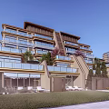 Modern Luxury Residential Building Exterior With Balconies Greenery And Lounge Chairs