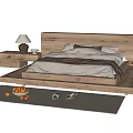 Modern Wooden Double Bed With Bedspread Pillows Nightstand Lamp And Rug