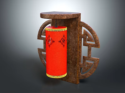 Traditional Wooden Furniture With Red Cylindrical Decor And Geometric Cutout Design 3d model