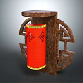 Traditional Wooden Furniture With Red Cylindrical Decor And Geometric Cutout Design