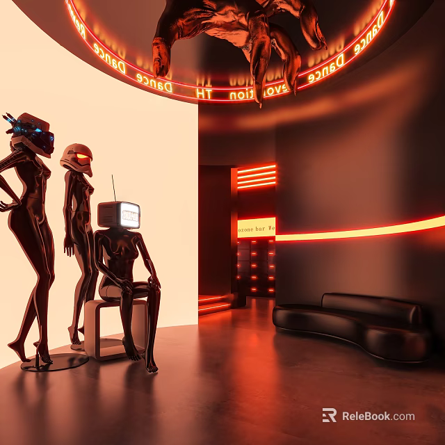 Hotel Corridor with Robots Red Neon Lights Glowing Signs and Black Sofa in Futuristic Design 3d model 