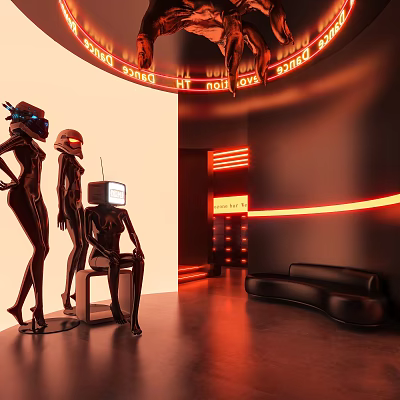 Hotel Corridor with Robots Red Neon Lights Glowing Signs and Black Sofa in Futuristic Design 3d model