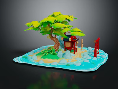 Traditional Japanese Architecture With Torii Gate On Small Island And Green Tree Blue Water 3d model