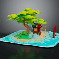 Traditional Japanese Architecture With Torii Gate On Small Island And Green Tree Blue Water