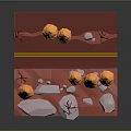 Cartoon Winter Scene With Orange Trees Snowy Rocks And Red Path