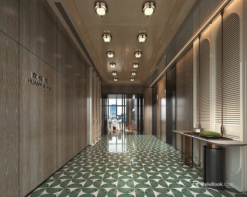 Modern Elevator Lobby With Wooden Panel Walls Green Geometric Floor Tiles And Pendant Lights 3d model 