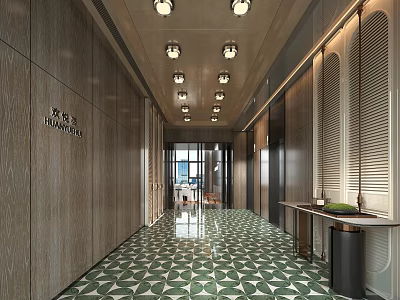 Modern Elevator Lobby With Wooden Panel Walls Green Geometric Floor Tiles And Pendant Lights 3d model