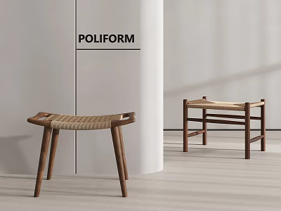 Modern Sleek Wooden Stools With Woven Seats And Angular Legs In Minimalist Space 3d model