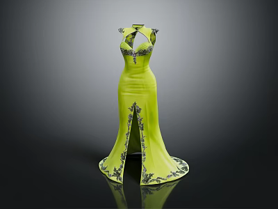 Yellow Sleeveless Evening Dress With High Neck Slim Fit And Black Floral Patterns 3d model