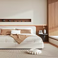 Modern Bedroom Interior With White Bed Wooden Accents Area Rug And Hanging Light