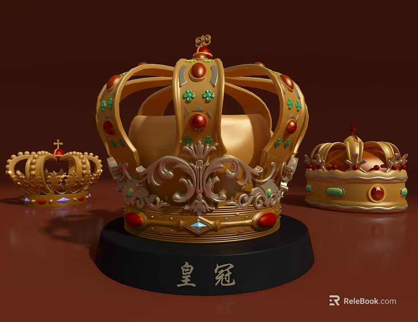 Golden Crown Decorative Ornament Set With Exquisite Design And Colorful Gems 3d model 