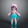 Cute Game And Movie Character With Pink Cat Ear Hood Purple Hair And Blue Skirt