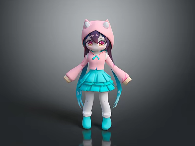 Cute Game And Movie Character With Pink Cat Ear Hood Purple Hair And Blue Skirt 3d model