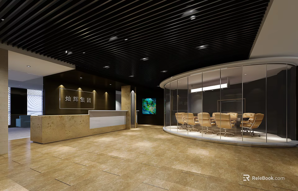 Modern Front Desk Reception Area With Beige Counter Waiting Seats And Black Ceiling Design 3d model 