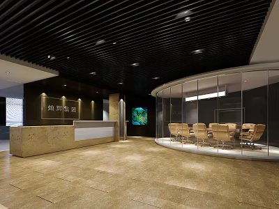 Modern Front Desk Reception Area With Beige Counter Waiting Seats And Black Ceiling Design 3d model