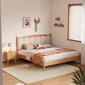 Cozy Wooden Double Bed with Scalloped Headboard Orange Blanket Pillows Nightstand Lamp Wall Art Floating Shelves