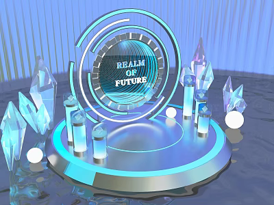 Future Themed Stage Design With Illuminated Blue Crystals Circular Sign And Spheres 3d model
