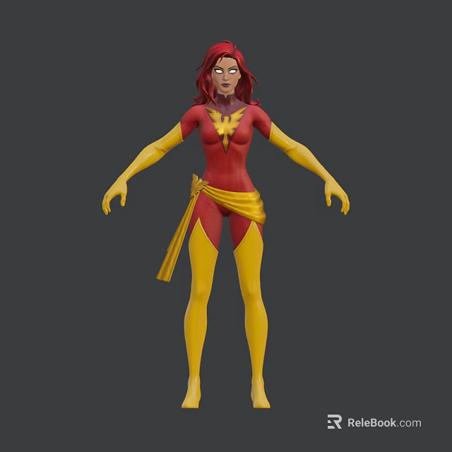 Red Haired Female Superhero Game And Movie Character In Red Yellow Costume With Chest Logo 3d model 
